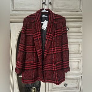 Mango Red and Black Plaid Blazer